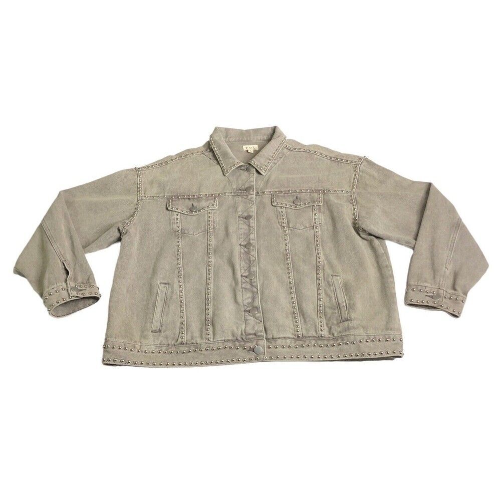 POL Jacket Women Large Gray Denim Trucker Studded Oversized Cotton Boho Grunge